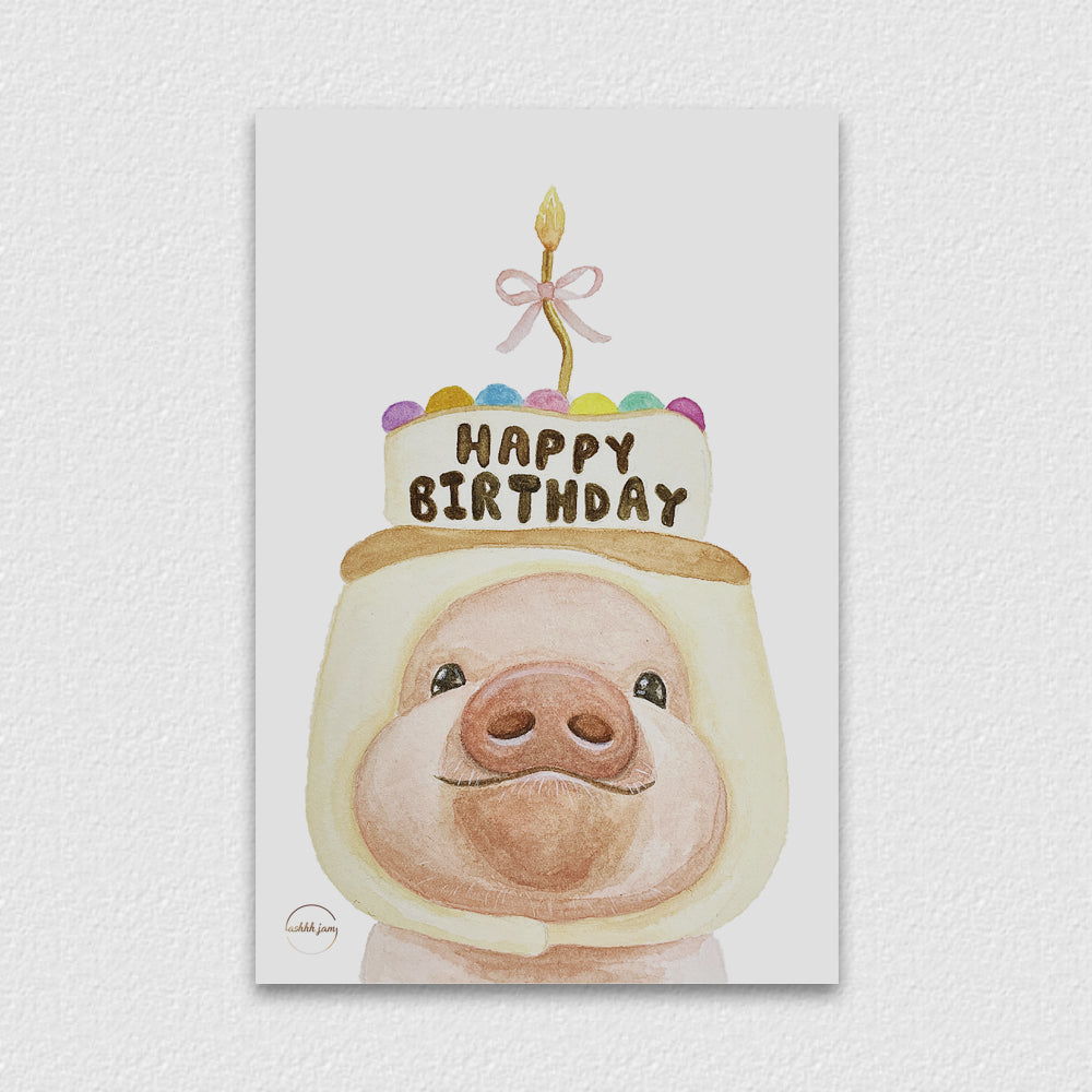 水彩風動物明信片 - 生日豬