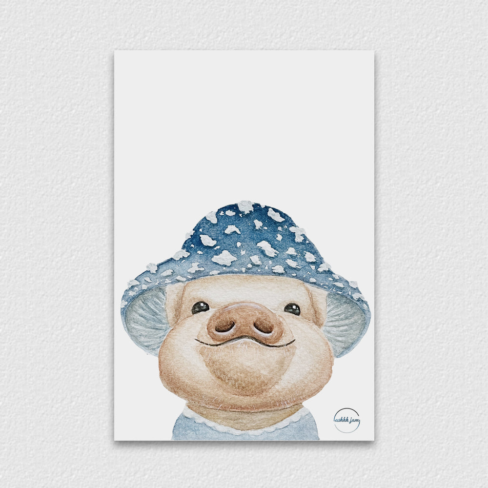 Watercolor Animal Postcard - Mushroom Piggy