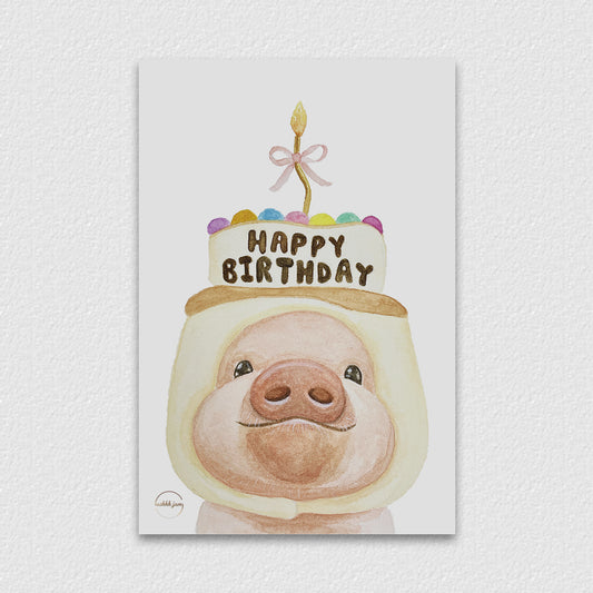 Watercolor Animal Postcard - Birthday Piggy